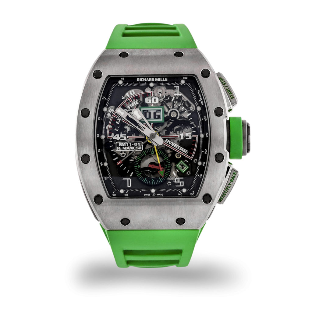 Richard Mille Roberto Mancini with a striking skeletonized dial on a green rubber strap.