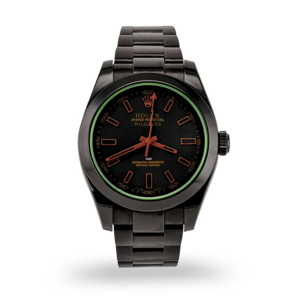 Rolex Milgauss Black DLC Coated Stainless Steel featuring a black dial with luminescent and red hour markers.