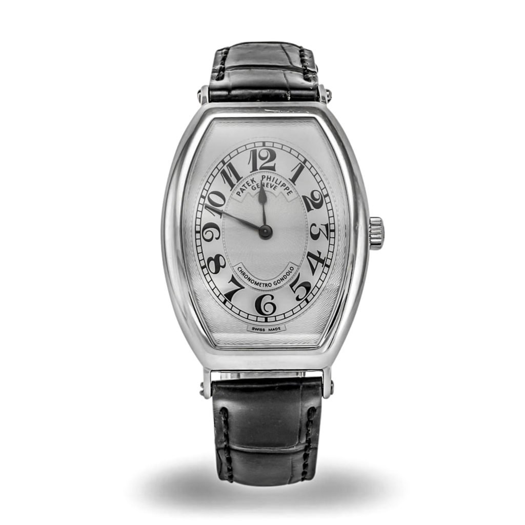 Patek Philippe Chronometro Gondolo 5098 Platinum with platinum gold tang buckle and silver textured dial.