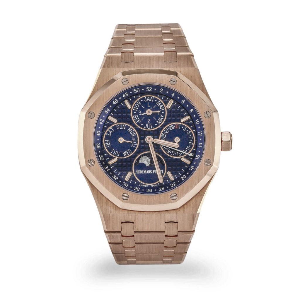 Audemars Piguet 18K Rose Gold 41mm Royal Oak Perpetual featuring a blue waffle dial and a Moon phase indicator.