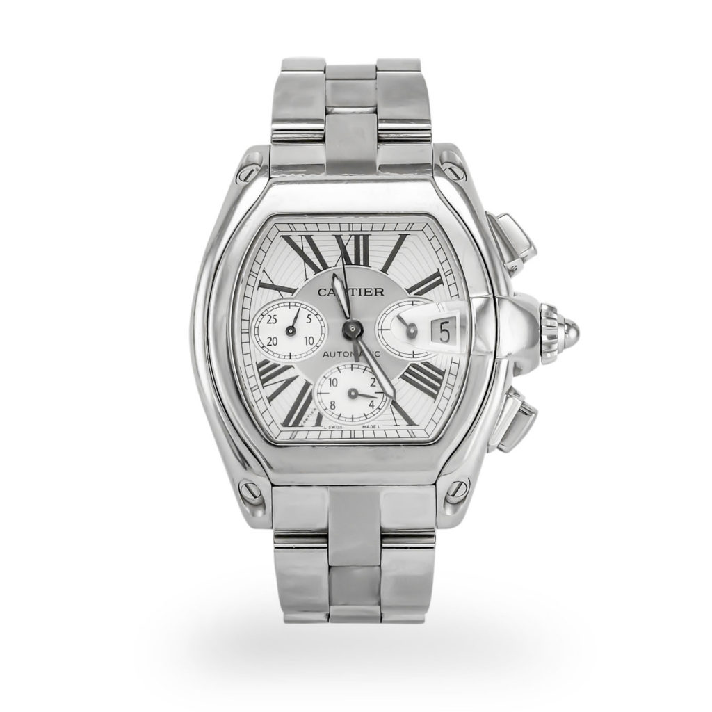 Cartier Stainless Steel Roadster Chronograph with a Stainless Steel Tonneau Shaped Case.