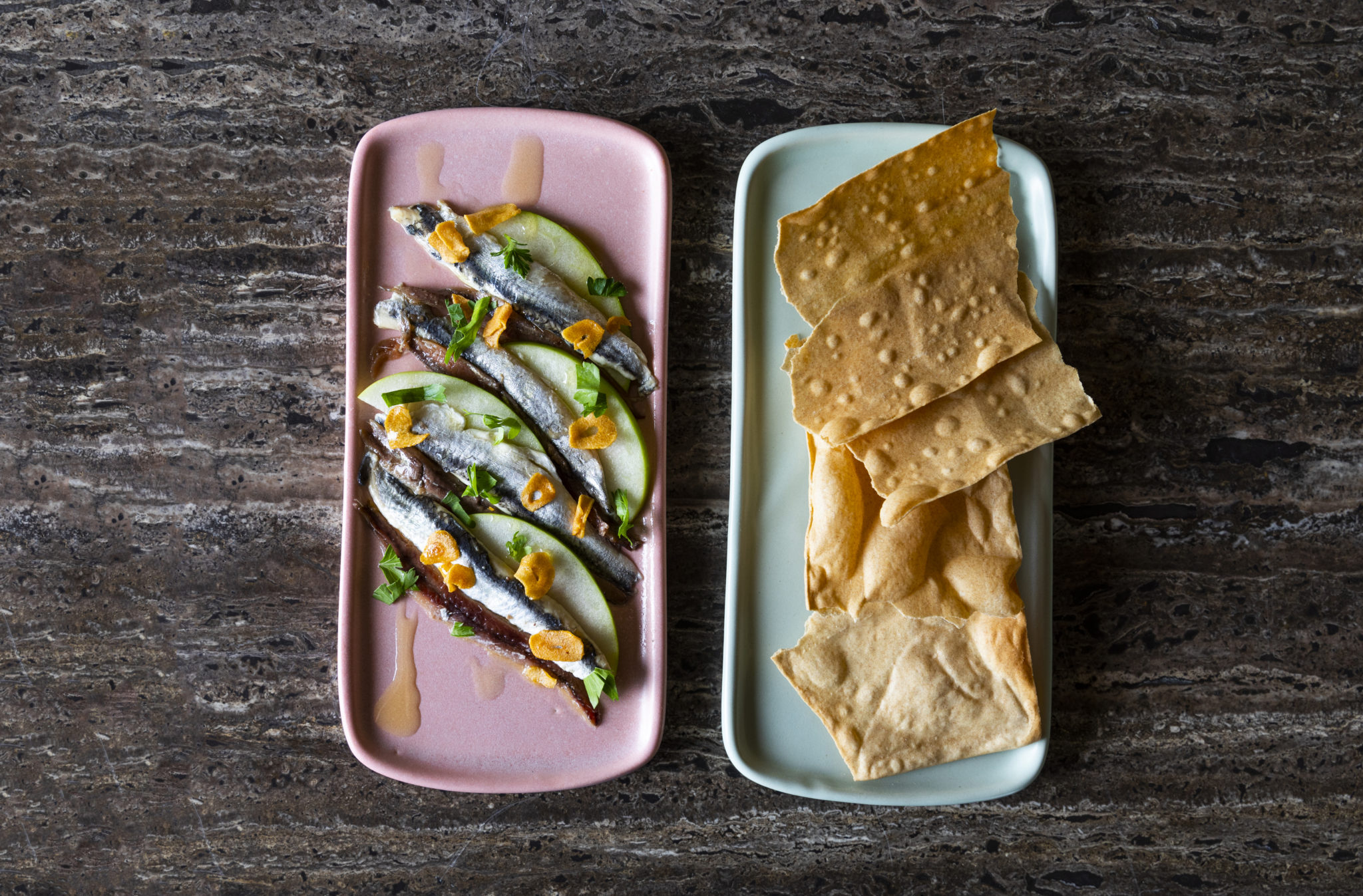 Matrimonio – anchovies & boquerones, green apples, garlic (Photo by Julie Soefer)