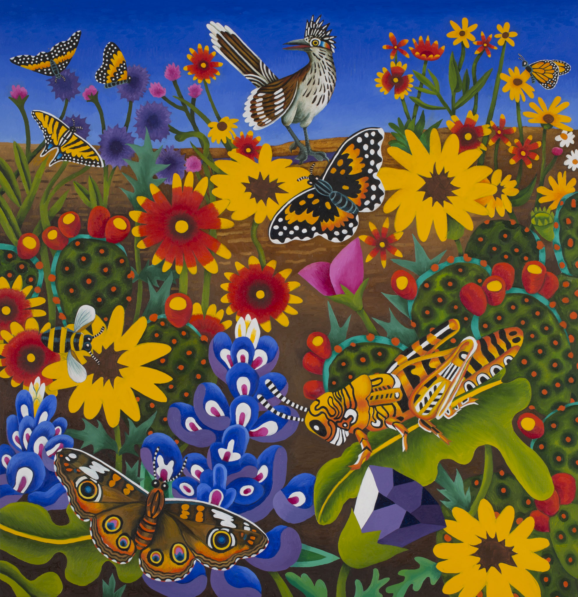 Billy Hassell’s “Roadrunner with Butterflies and Grasshopper,” 2018, at Foltz Fine Art.