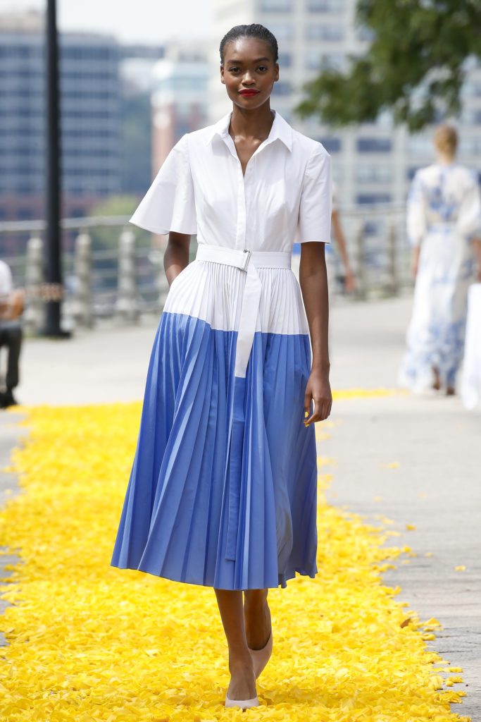 Lela Rose Liberty blue and white cotton pleated cape back dress. (Photo by Dan and Corina Lecca)