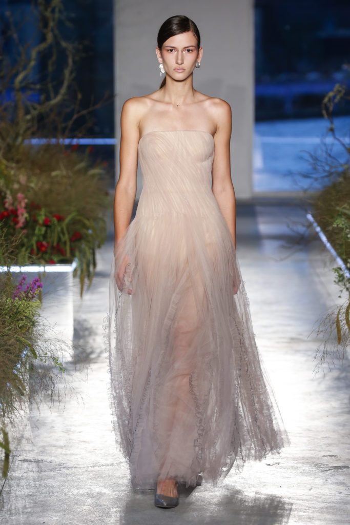 Among the sportier looks in the Lela Rose spring 2020 collection is a pink-sky crepe relaxed blazer, navy crepe bralette, striped crepe trouser. (Photo by Dan and Corina Lecca)