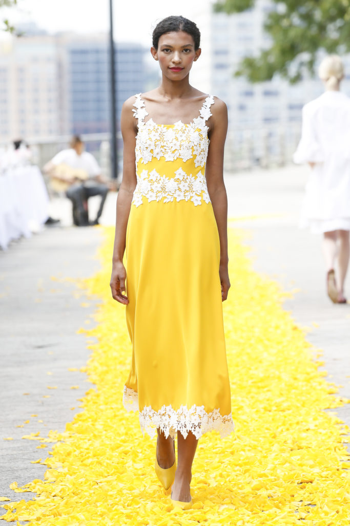 Lela Rose marigold crepe tank dress with white lace applique. (Photo by Dan and Corina Lecca)