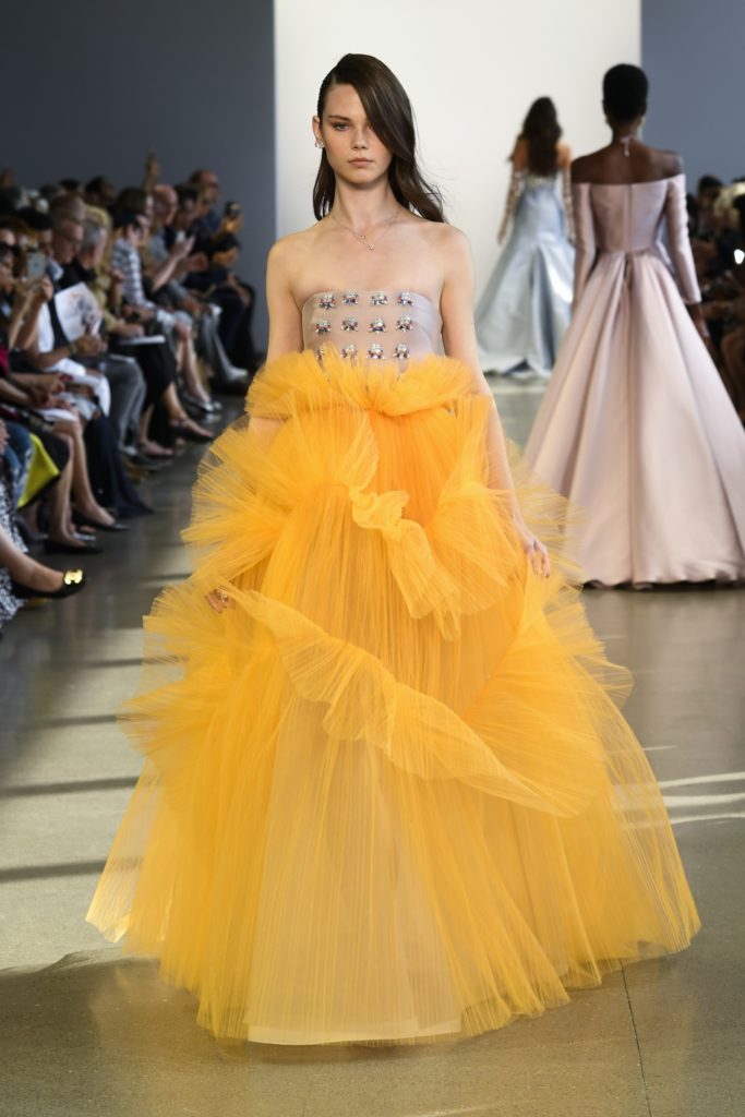 Bibhu Mohapatra mango pleated tulle gown with blush bodice and crystal medallions. (Photo courtesy of Bibhu Mohapatra)