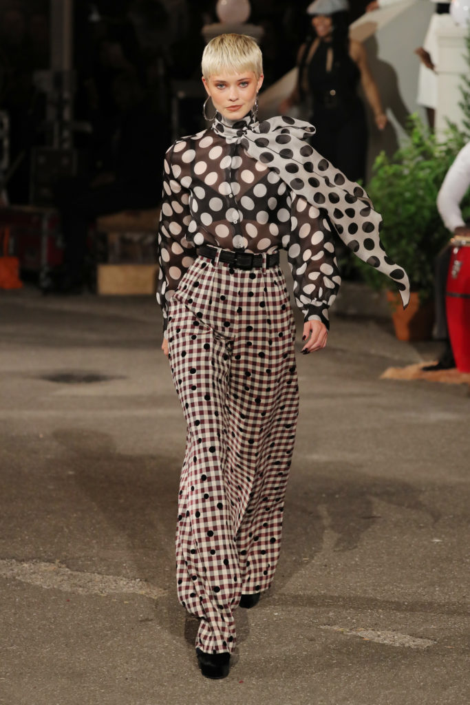 Tommy X Zendaya polka dot organza blouse, velvet dot wide-leg pants, and velvet pants. (Photo courtesy of Tommy Hilfiger)