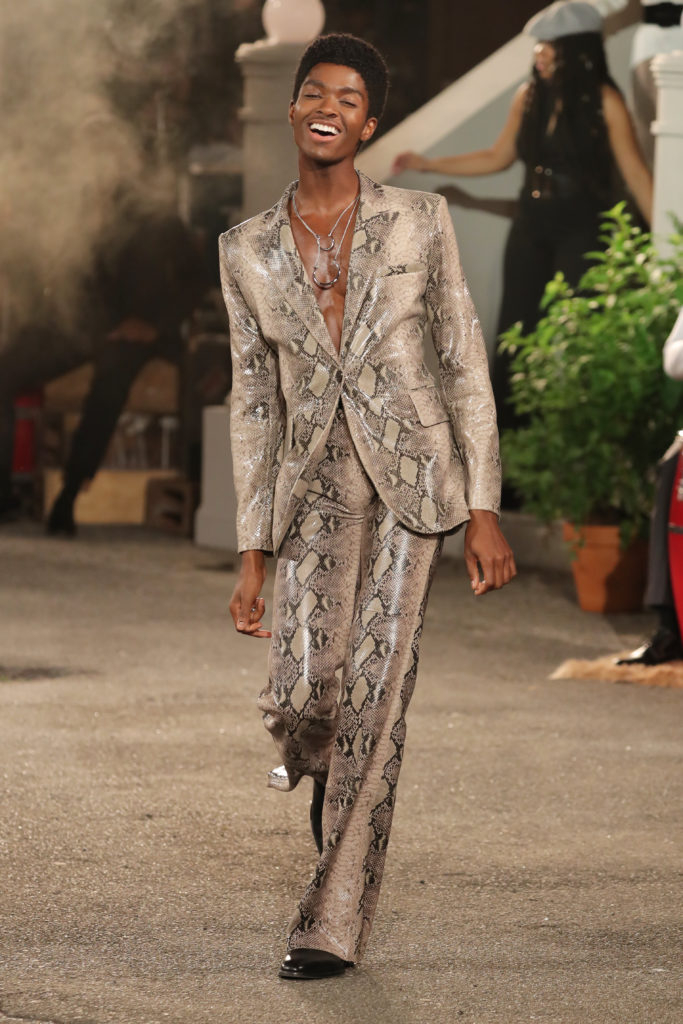 Tommy X Zendaya leather snake print jacket and pants. (Photo courtesy of Tommy Hilfiger)
