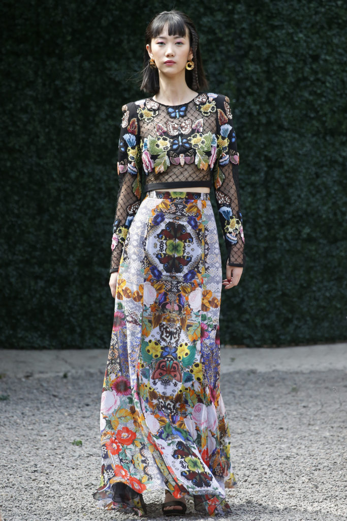 Burnett New York black lattice floral top with printed multi chiffon skirt. (Photo courtesy of Burnett New York)