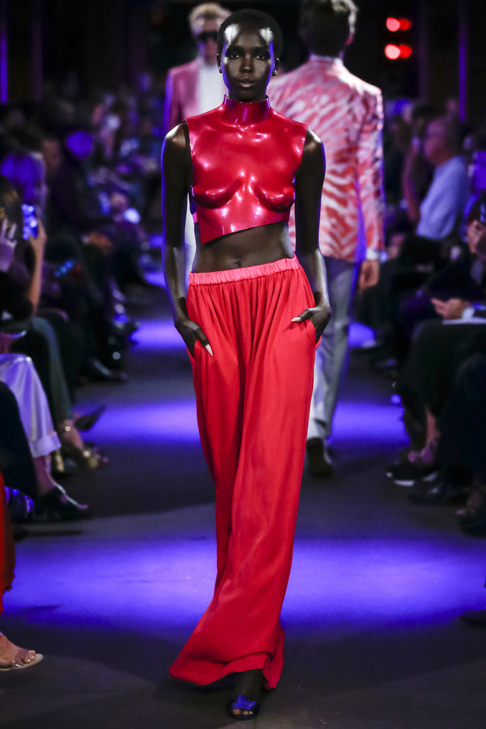 Tom Ford molded breastplate and flowing pants with elastic waist. (Photo courtesy of Tom Ford)