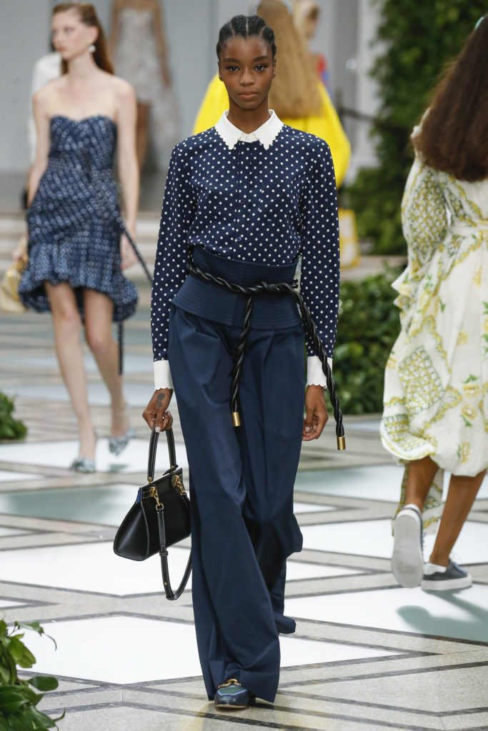 Tory Burch polka dot–print silk crepe de chine top and taffeta pant. (Photo courtesy of Tory Burch)