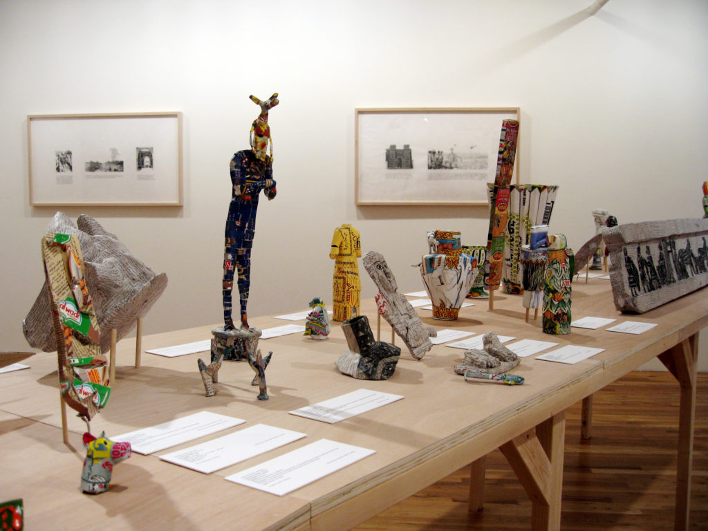 Installation view of 2020 Nasher Prize winner Michael Rakowitz's "The Invisible Enemy Should Not Exist (Recovered, Missing, Stolen Series)," 2007, at Lombard-Freid Projects, New York. For the past 12 years, the Chicago-based sculptor has been creating work that questions the destruction wrought by the Iraqi war. (Courtesy the artist and Lombard-Freid Projects)