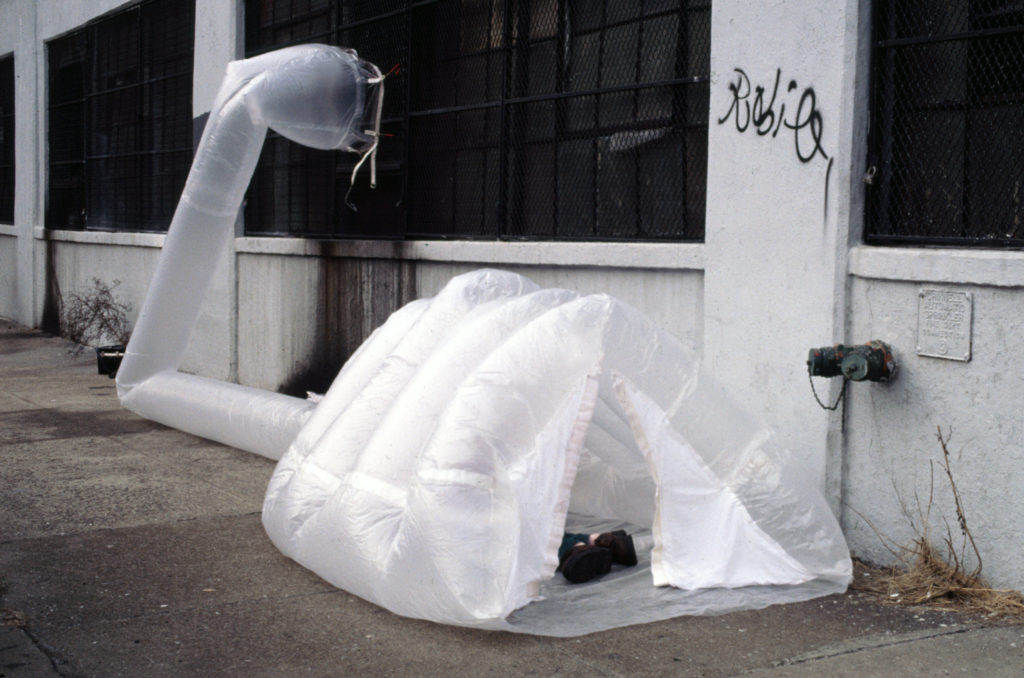 Michael Rakowitz's "paraSITE Homeless Shelter," 1997 and ongoing. The sculptor was early on giving voice and forging a response for the then-invisible homeless population. (Collection Museum of Modern Art, New York; courtesy the artist)