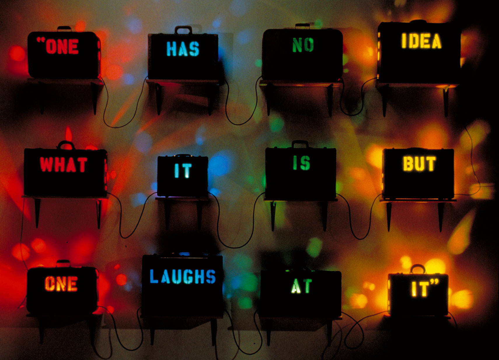 A coveted Art Guys suitcase piece, bearing a Dadaist title, “The Definition of Metaphysics by Gustave Flaubert from ‘Dictionnaire des Idees Rescues,’ or “The Boss Piece,” 1990, was one of the seminal works exhibited at the artists’ 1995 survey at CAMH. (Courtesy The Art Guys)