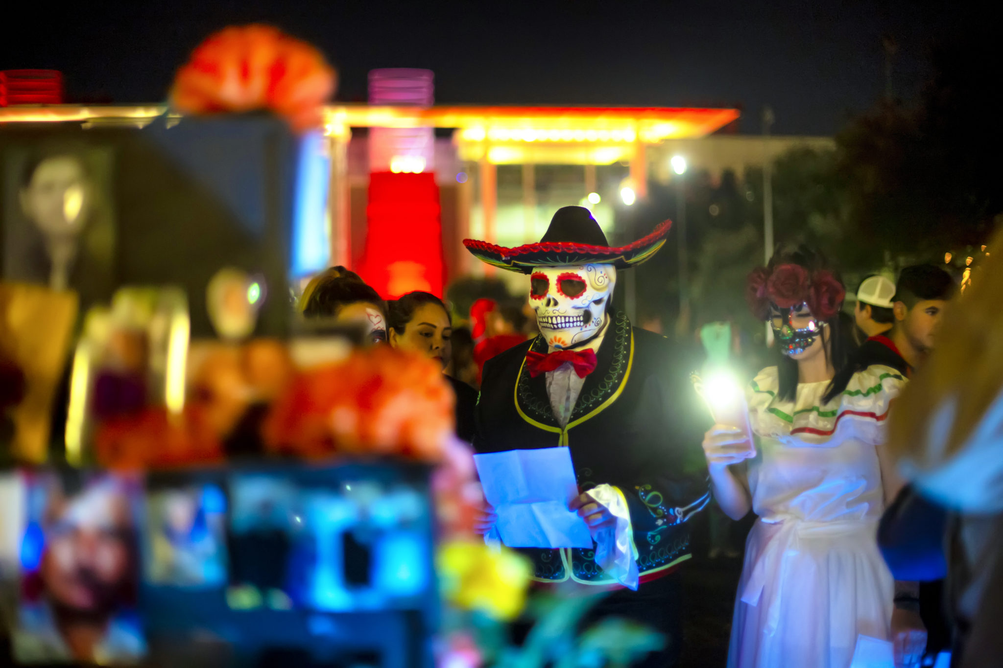 Dia de los Muertos at Discovery Green features art by Gonzo247, folklorico dancers, Bombon, and mushc more. (Photo by Katya Horner)