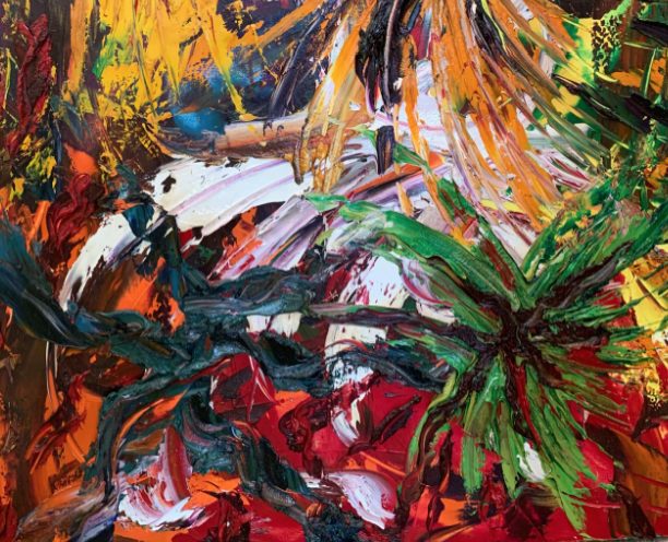 A detail of one of Guus Kemp’s lush oil paintings, at Zoya Tommy Gallery