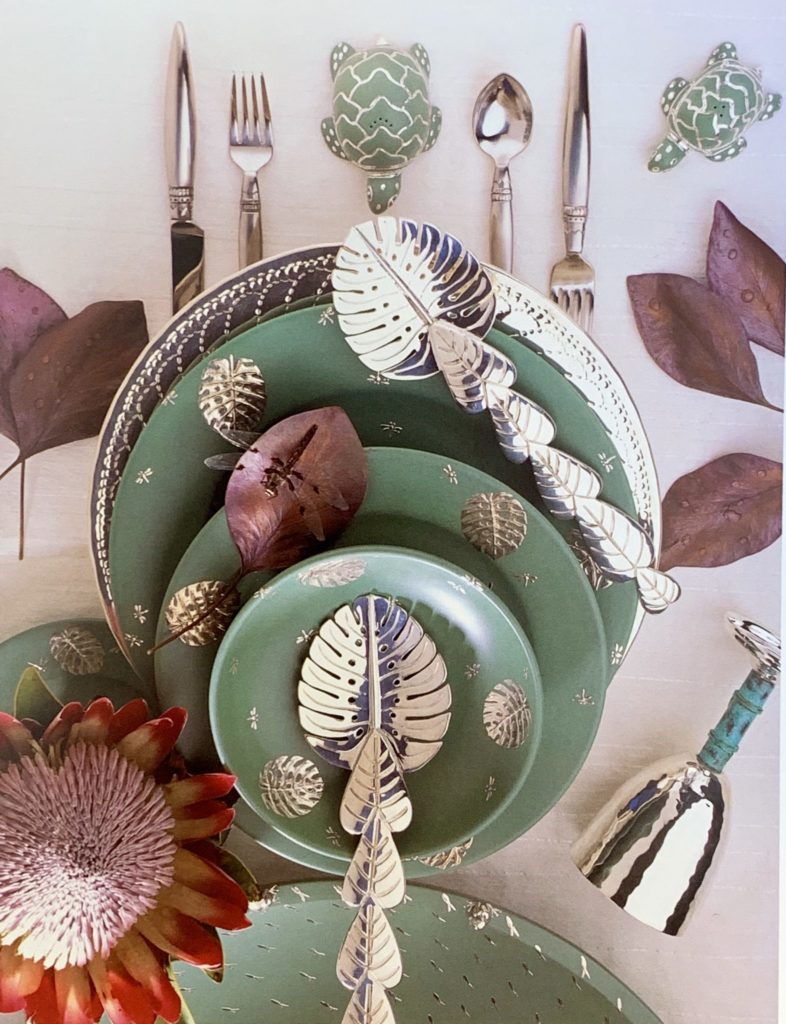 Tabletop setting at Brenda Schoenfeld, with Emilia Castillo silver accessories.