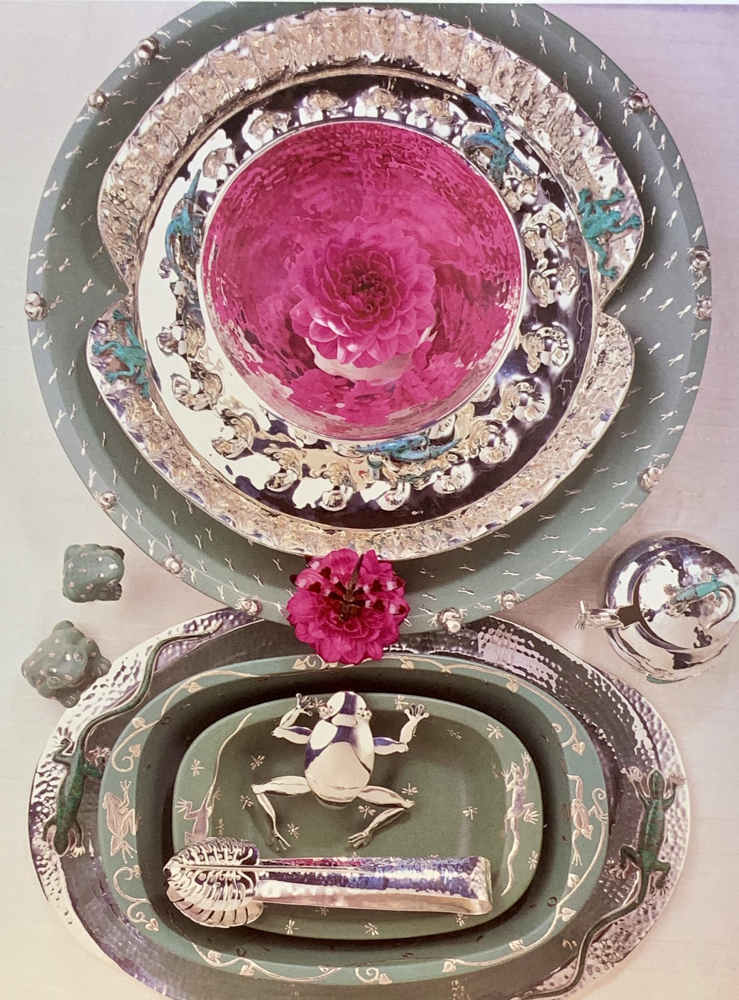 Tabletop setting at Brenda Schoenfeld, with Emilia Castillo silver accessories.