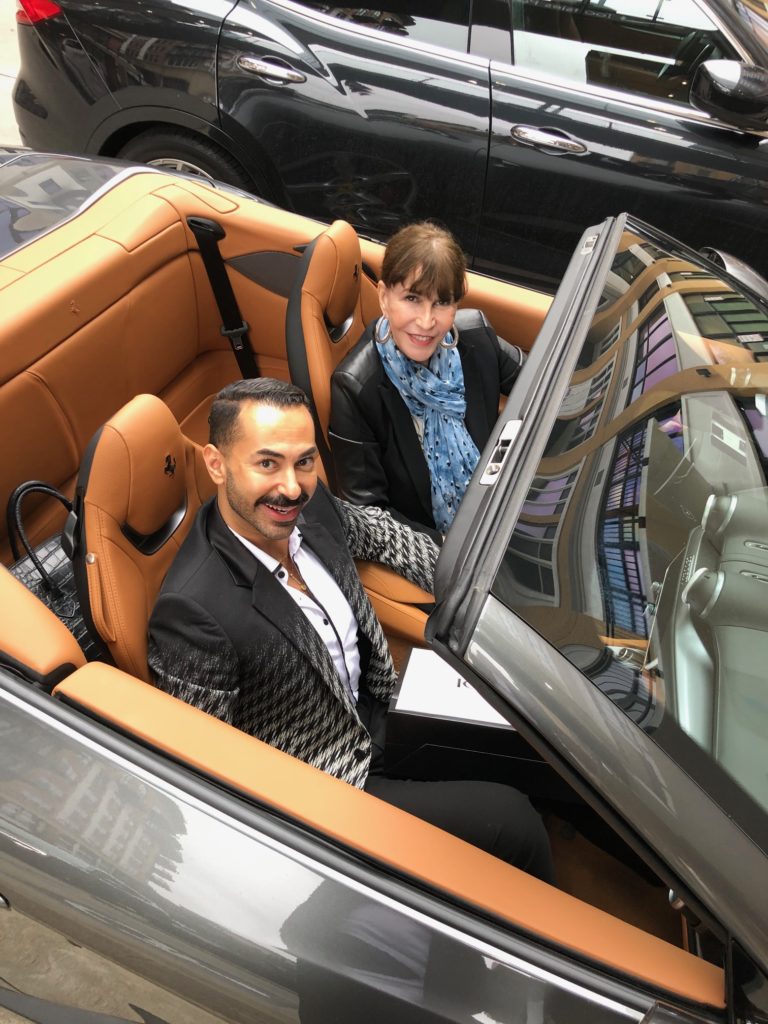 Tootsies creative director Fady Armanious takes a seat with Shelby Hodge in the smashing Ferrari Portofino. (Courtesy photo)