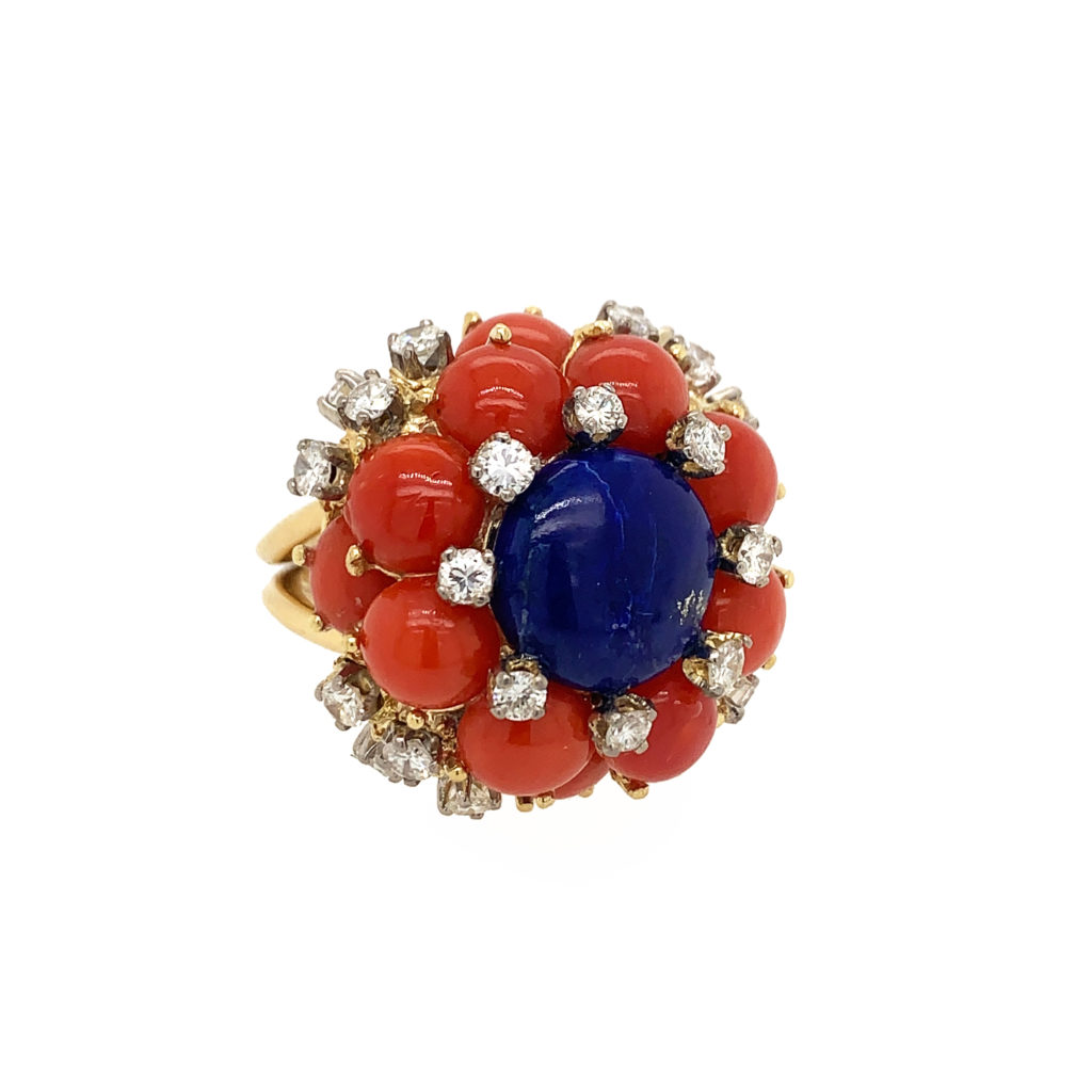 The coral, lapis and diamond ring matches the earrings.