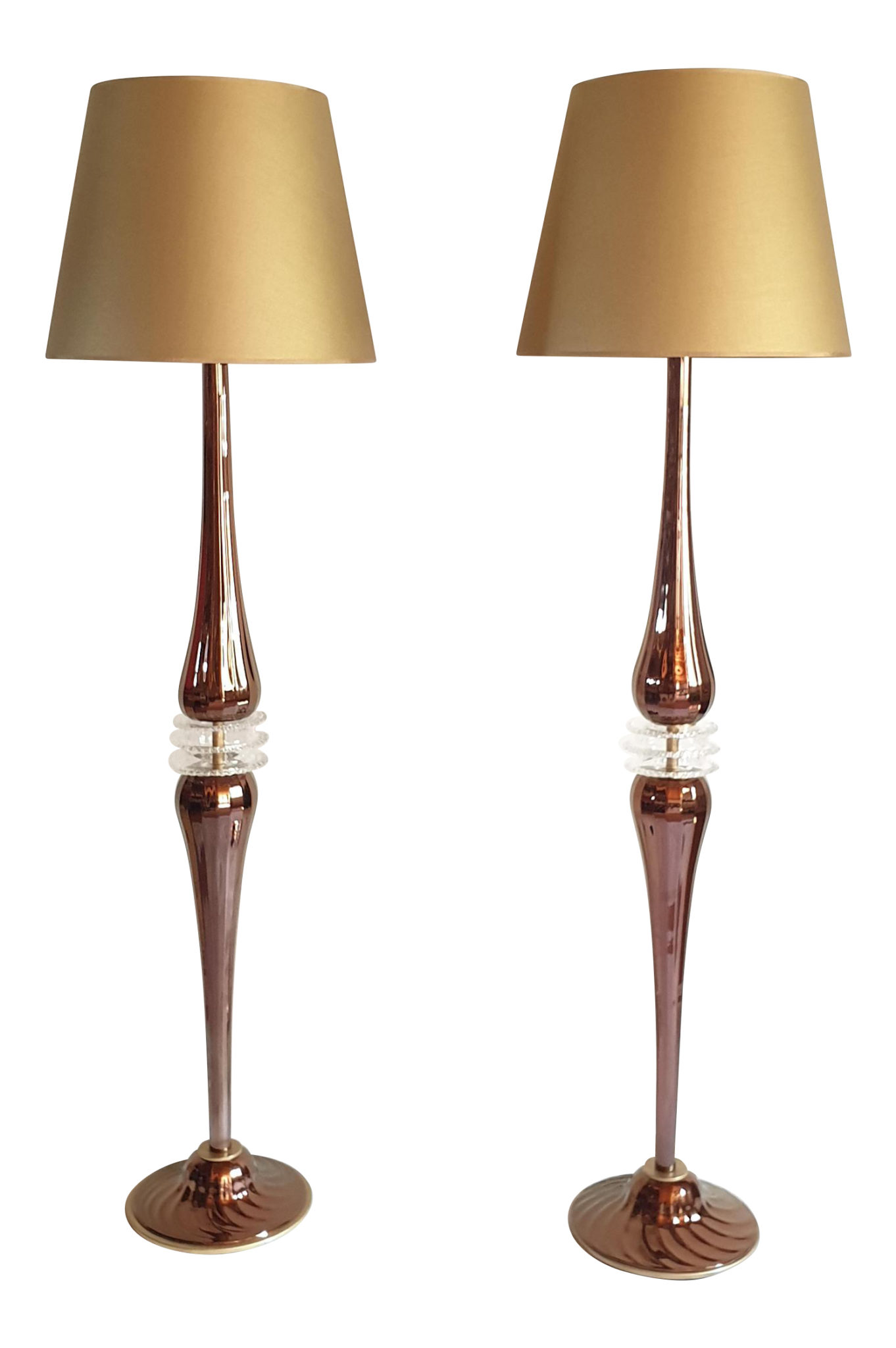 Pair of Large Mid Century Modern Mirrored Copper Color Murano Glass Floor Lamps