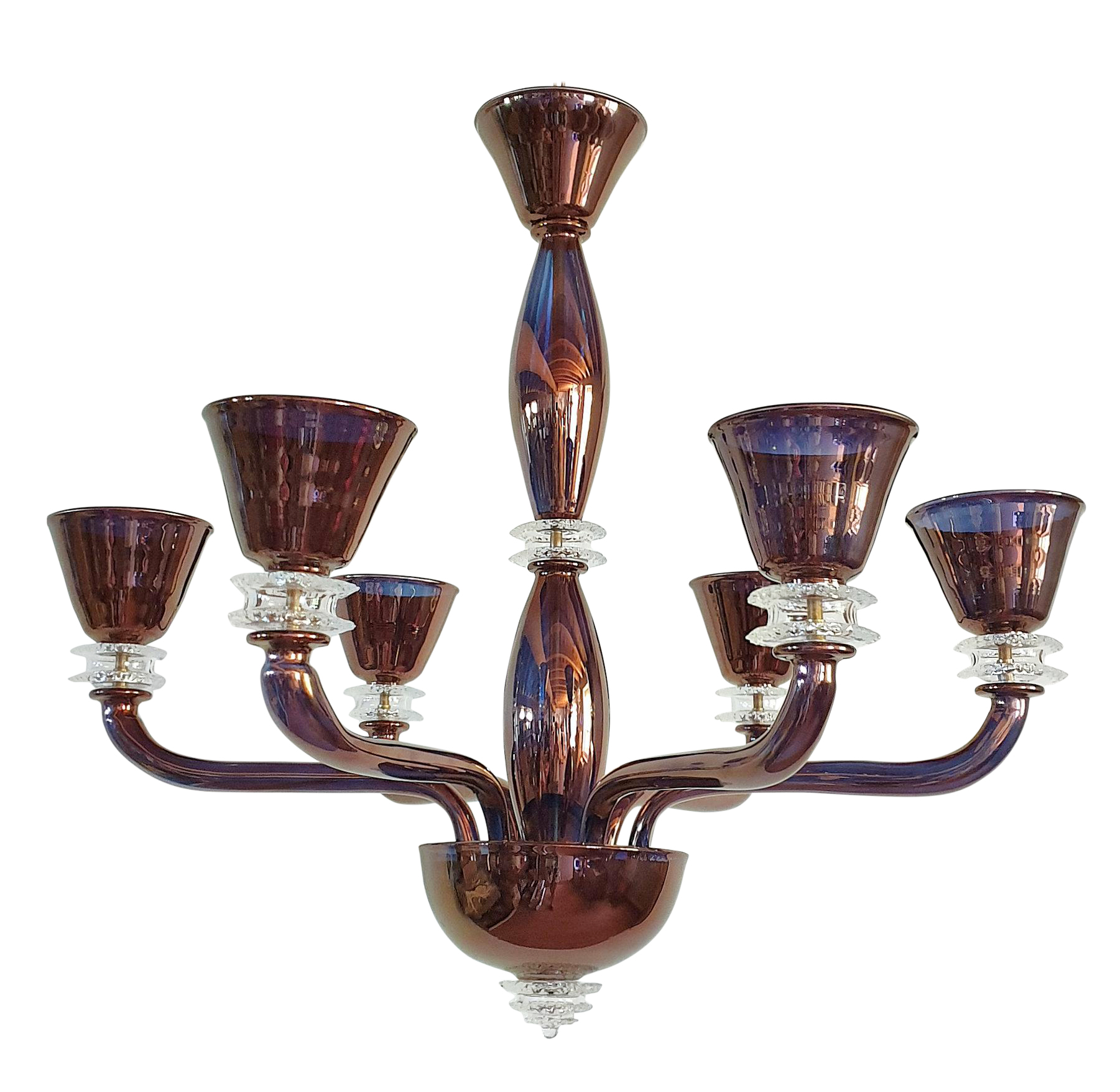 Large 6 lights Murano glass chandelier, Mid Century Modern, Italy, circa 1970s. Very unique  & elegant bronze color mirrored Murano glass: through the light, you can see some transparency, and color changing to blue. Some clear glass accents, and brass mounts. The chandelier has been rewired for the US. It has a double canopy, with a brass chain: making height adjustable. Height of chandelier without chain: 27.16 in.  Excellent condition  Large Mid-Century Modern Bronze Color Mirrored Murano Glass 6 Lights Chandelier
