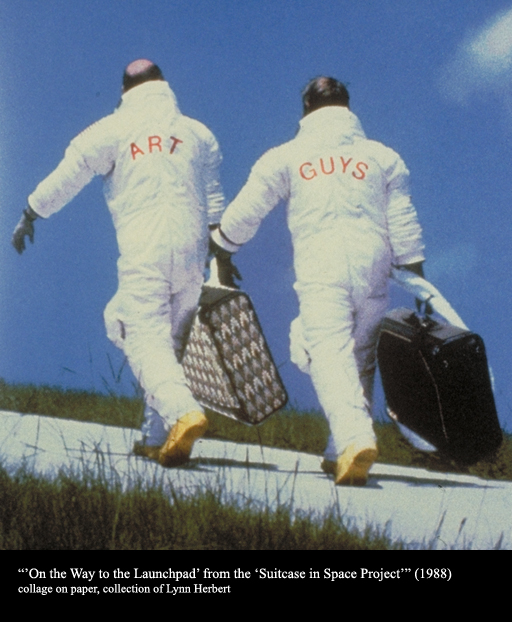 The Art Guys’ “On the Way to the Launch Pad,” 1988, from “Suitcases in Space Project,” typified the use of appropriation and humor that defined the duo’s Dadaist work. (Courtesy The Art Guys)