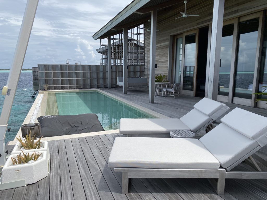 All rooms at Kudadoo feature lap pools and multiple seating areas