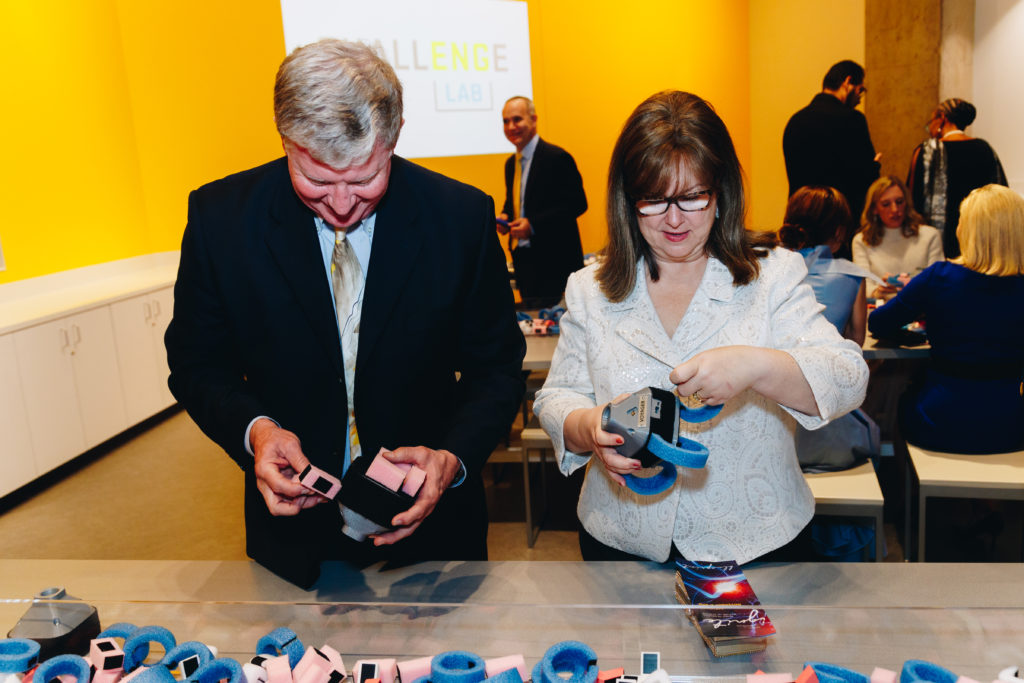 Mike & Terri West get hands-on in the new ChallENGe Lab featured in the reimagined Texas Instruments Engineering and Innovation Hall (Photo by Turk Studio)