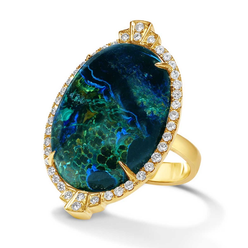 18k yellow gold rhodium plated Terra oval azurite malachite ring with diamonds, $2948
