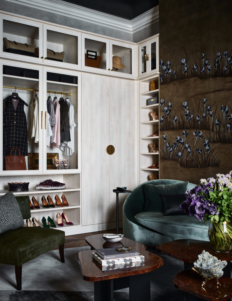 Master bathroom and dressing closet designed by Doniphan Moore. "Her" Lauren closet by The Container Store in Aspen finish. (Photo by Douglas Friedman)