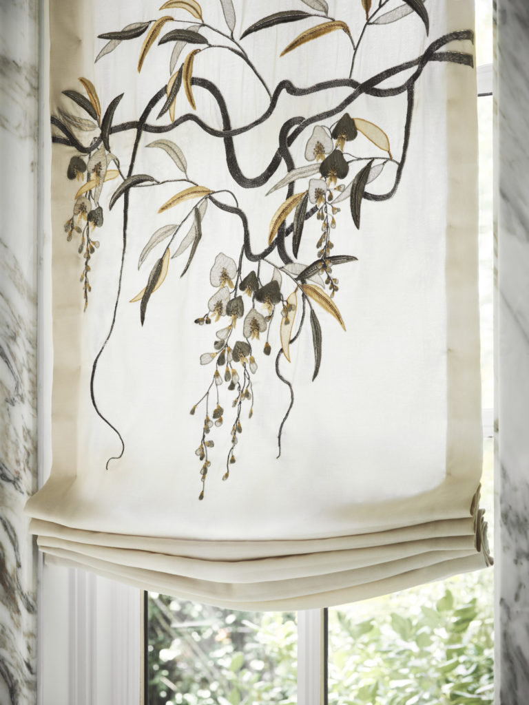 Master bathroom and dressing closet designed by Doniphan Moore. Sheer muslin shades from The Shade Store are hand-embroidered to match the de Gournay wallpaper. (Photo by Douglas Friedman)