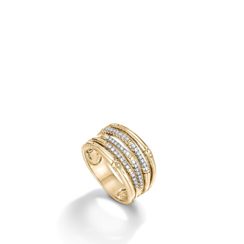 John Hardy 18k yellow gold rhodium plated Bamboo wide ring with diamond, $1,950.
