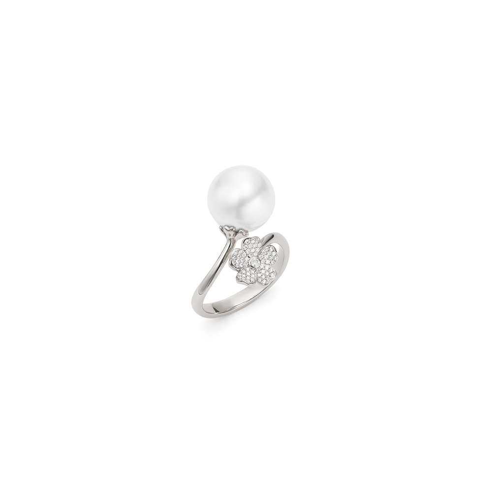 Mikimoto 18k white gold Nature Cherry Blossom pearl bypass ring with diamonds, $3,900.