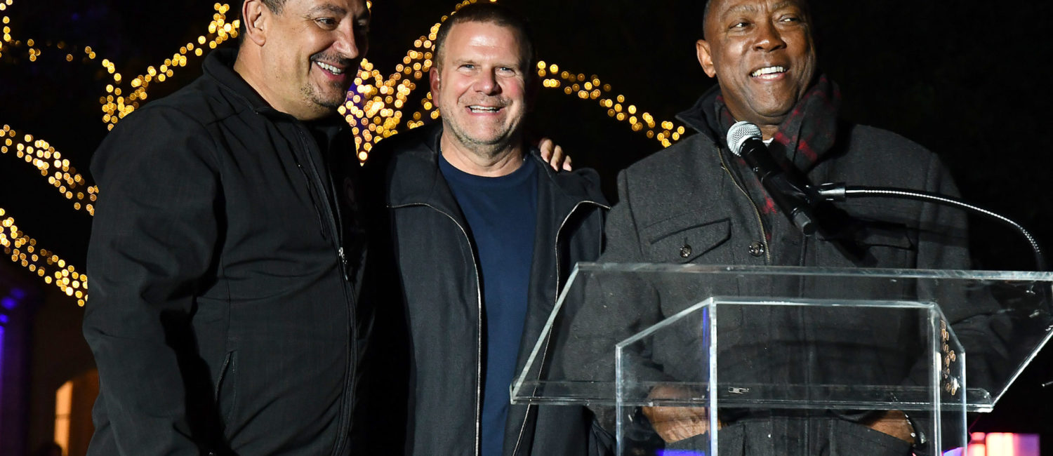 Police Chief Art Acevedo, Tilman Fertitta and Mayor Sylvester Turner thank guests during presentation