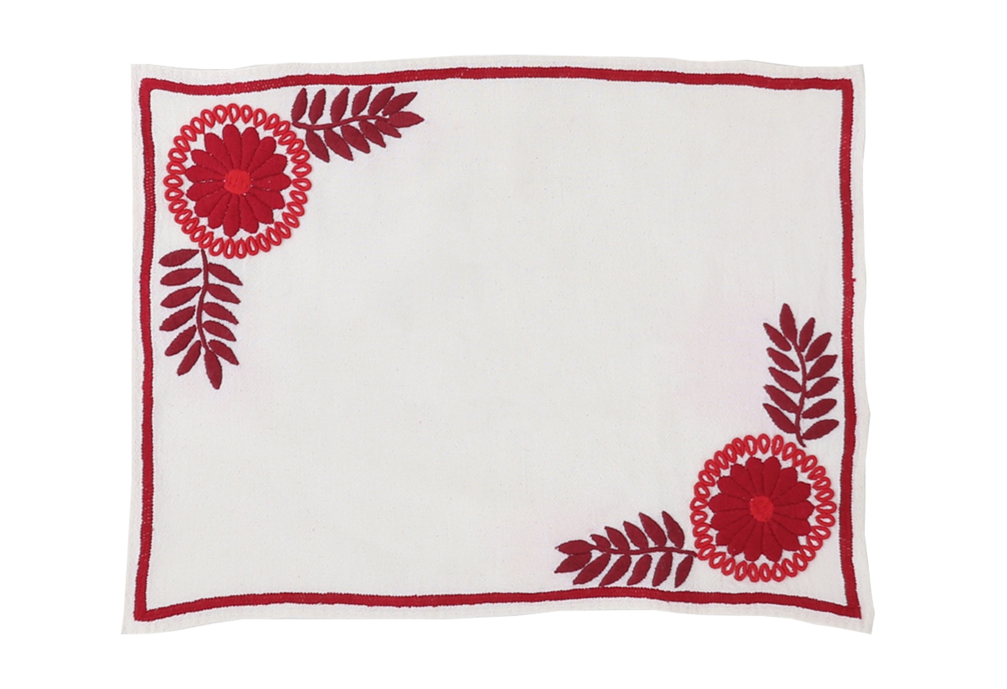 Mantel de Aguacatenango Rojo finished with a hand-stitched border.