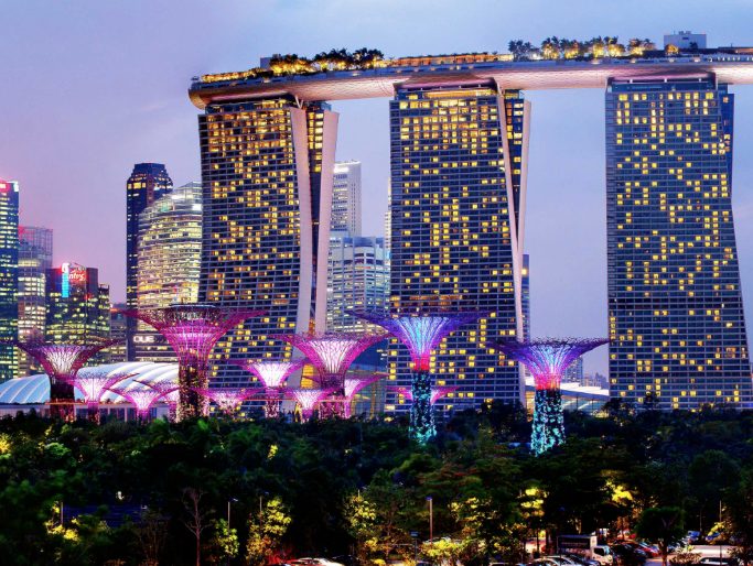 Singapore’s Marina Bay Sands Hotel puts on a spectacular light show nightly. (Photo by Jane Howze)