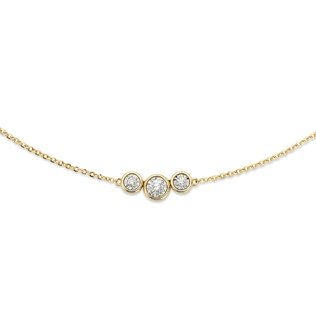 Emma Three Stone Necklace with round brilliant diamonds set in 18K yellow gold diamond chain. 