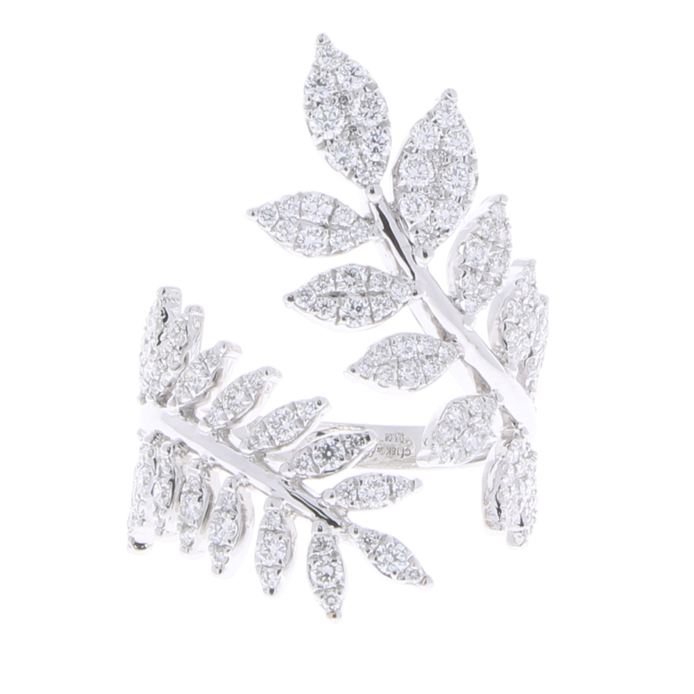 Bachendorf’s 18K white gold rhodium plated diamond pave leaf ring with round diamonds.