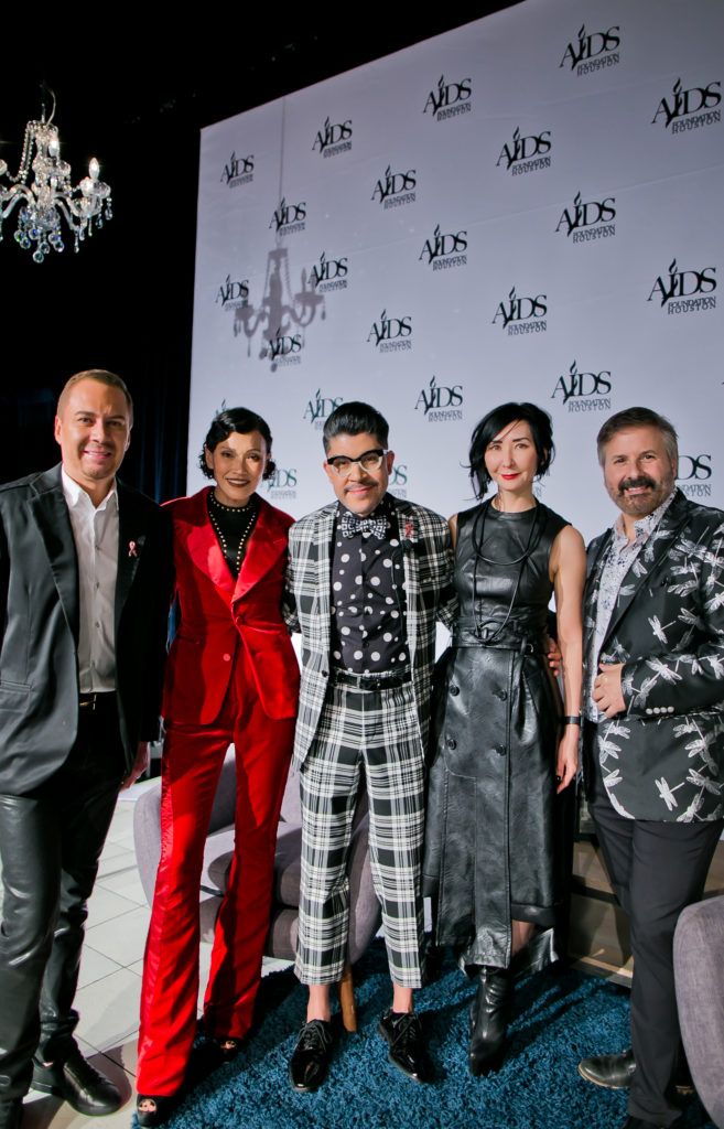 AIDS Foundation Houston World AIDS Day chairs Adrian Dueñas, Duyen Nguyen, celebrity guest Mondo Guerra, chair Carrie Brandsberg-Dahl, host Ernie Manouse (Photo by Morris Malakoff)