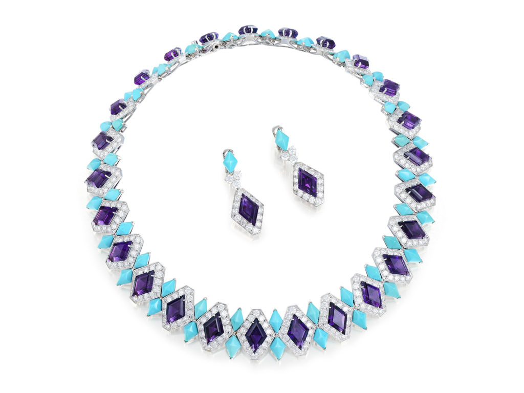 Vintage Asprey 18K white gold turquoise and amethyst necklace and earring set, circa 1990.