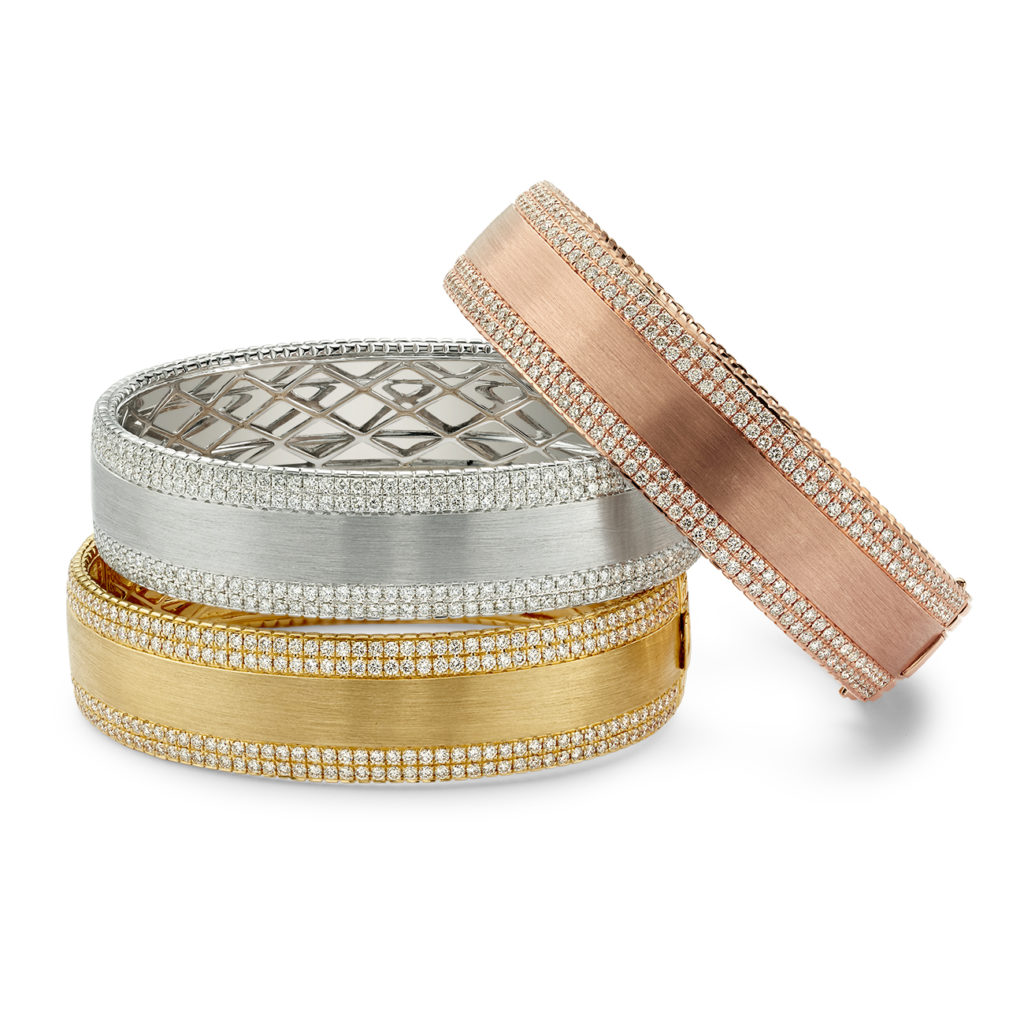 Tribal Bangles accented with two rows of diamonds in brushed 18K rose, white and yellow gold.