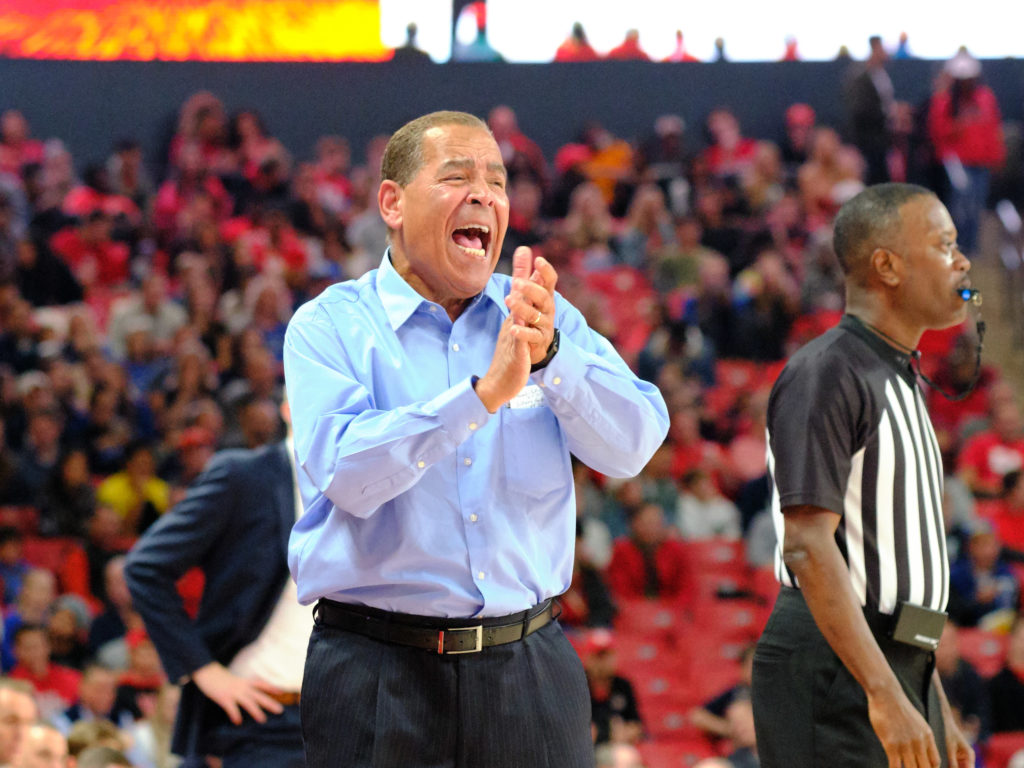UH coach Kelvin Sampson is more than a little demanding but the care for his players is unmistakable. Here, he's shown in pre COVID-19 days. (Photo by F. Carter Smith)