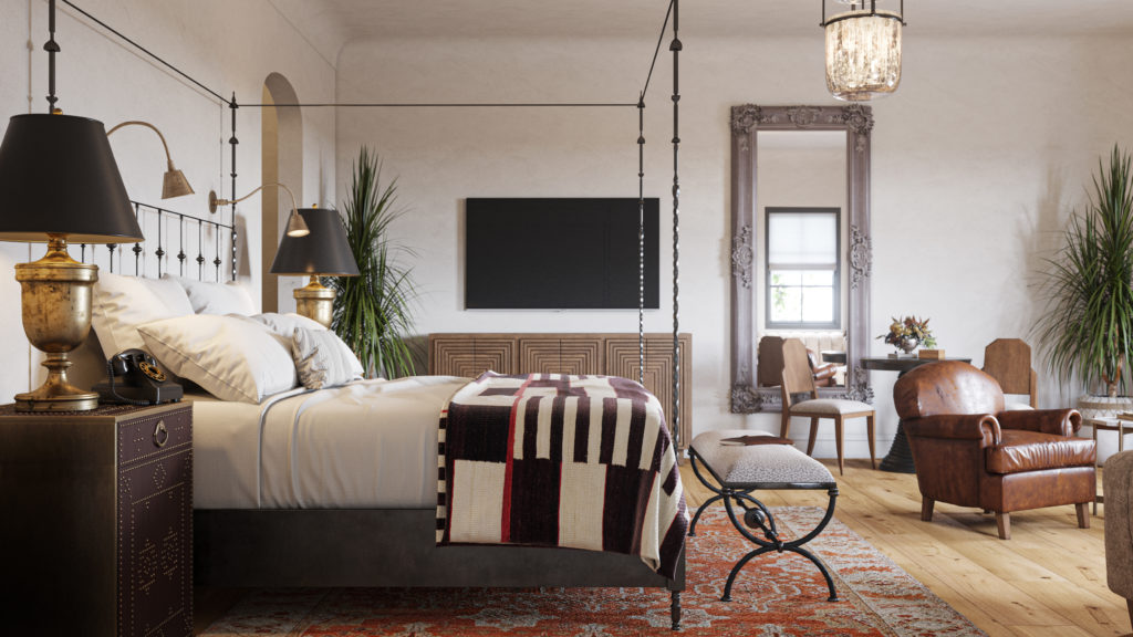 A junior suite in the Commodore Perry Estate reflects a variety of sensibilities. (Photo by Commodore Perry Estate/Auberge Resorts Collection)