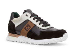 Fendi’s FF embroidered-stripe leather runner sneakers available at Neiman Marcus and neimanmarcus.com.
