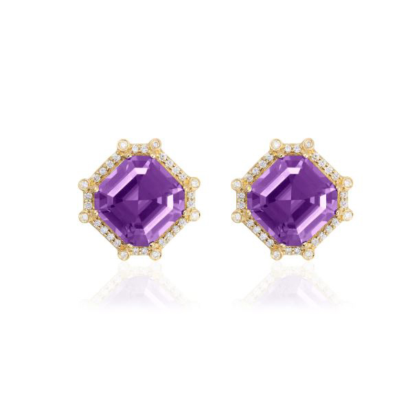 Goshwara 18K yellow gold Gossip amethyst and diamond halo stud earrings.