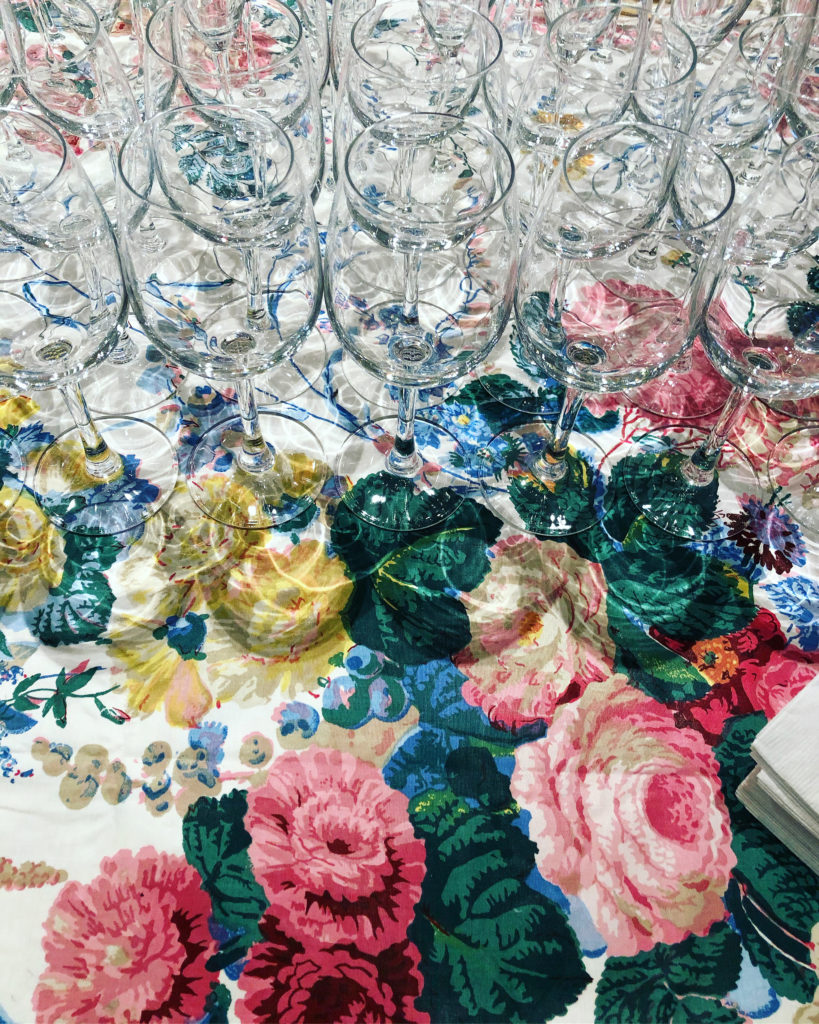 Cocktail tables draped in Buatta's favorite Floral Chintz by Lee Jofa greeted guests.  (Photo by Lacelliese King)