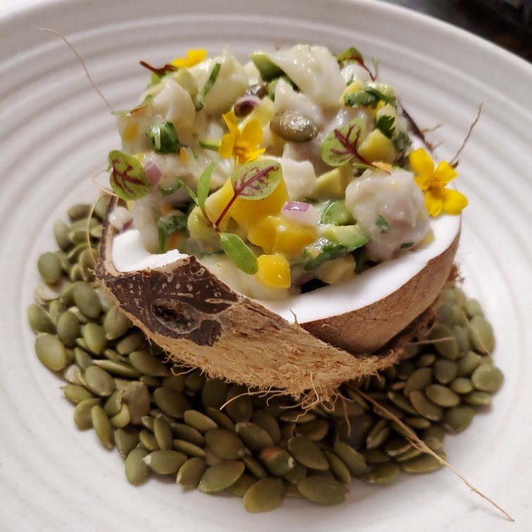 An elaborate coconut mango red snapper ceviche at Jose Restaurant.