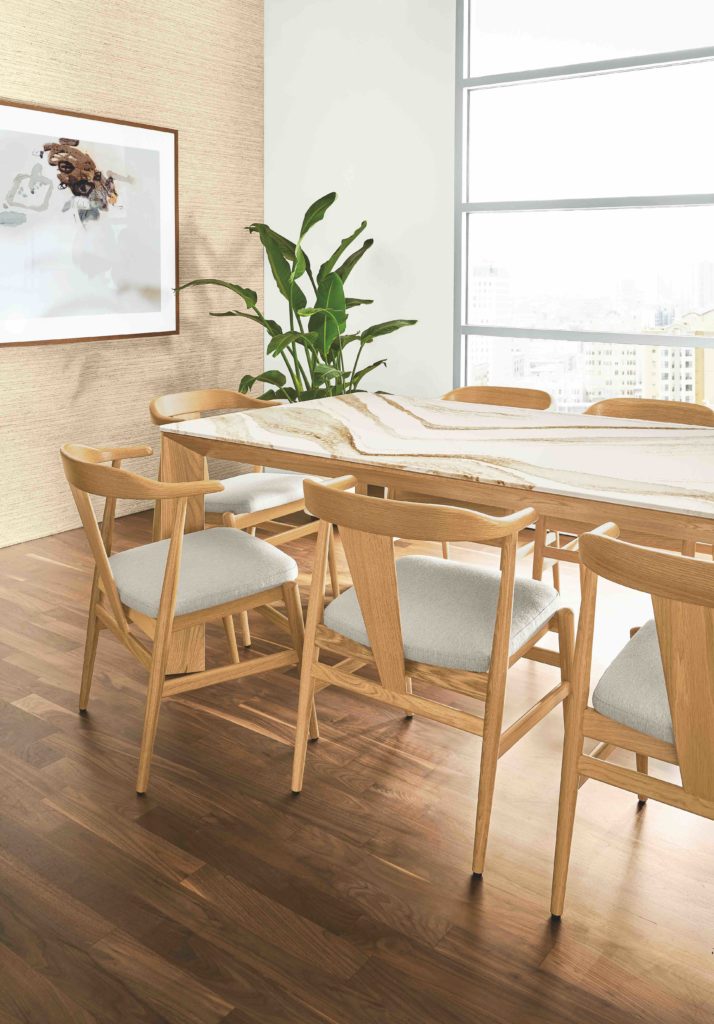 Room & Board's new Pren collection with Cambria includes tables with natural quartz tops.